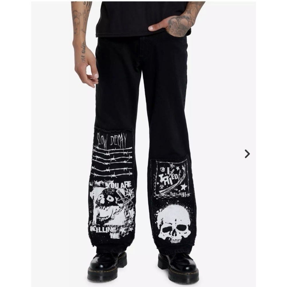 HOT TOPIC Black Jeans Mens‎ 28x31 Slow Decay Skulls Skater Goth Punk Wide Leg
